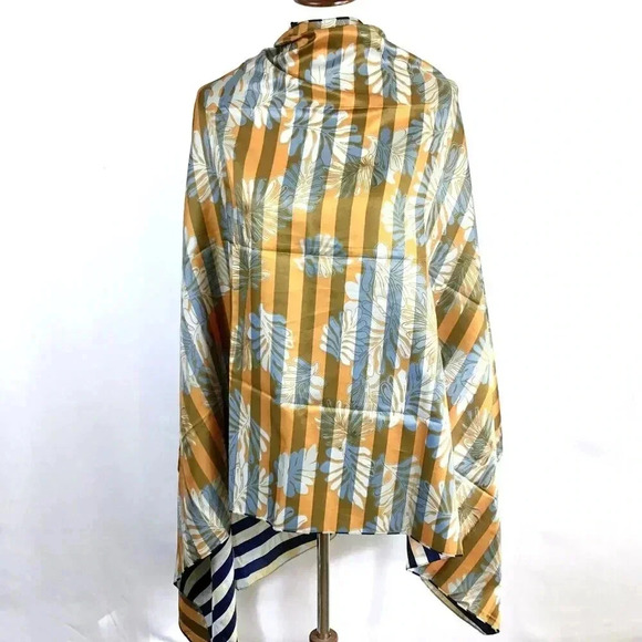 Mango Scarf Reversible Satin Large Rectangular Navy Stripe Orange Floral Dupatta - Picture 5 of 10